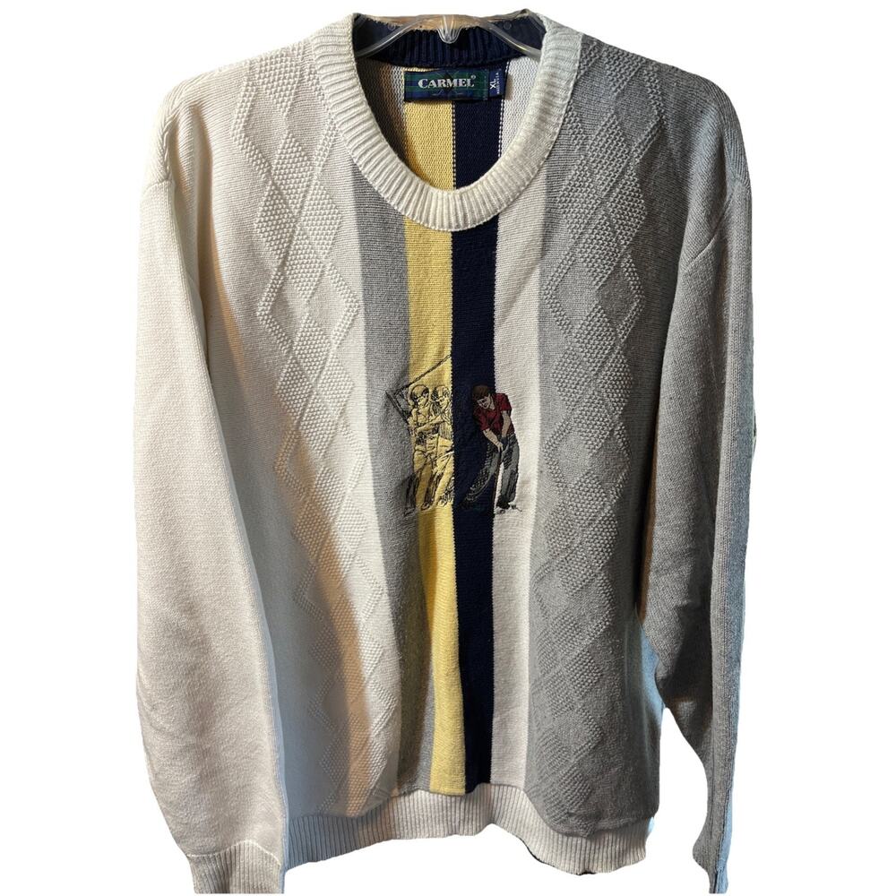Vintage 90s Carmel Golf Embroidered Pullover Knit Sweater Size XL Gray White USA
